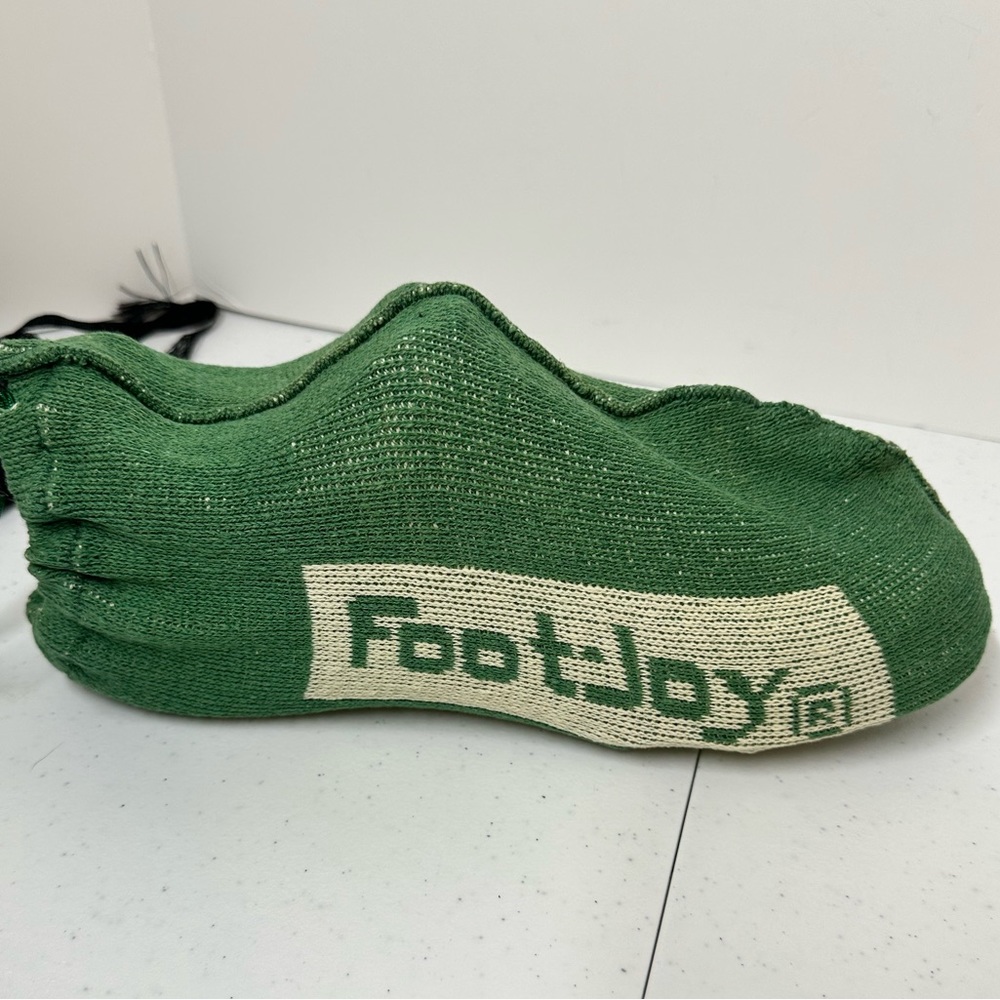 FootJoy Vintage Golf shoe covers, green and white. Shown with size 9 FootJoy. - Picture 2 of 8